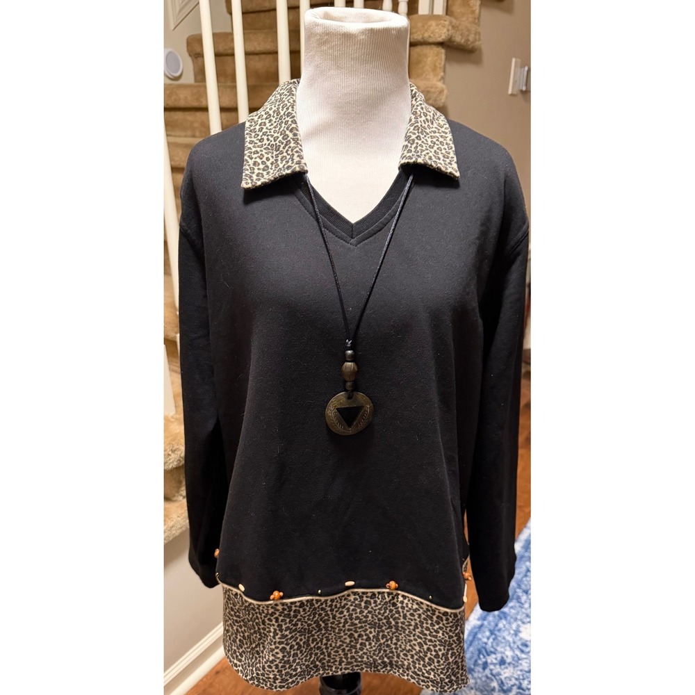 Koret & Wells Womens Black Leopard Print Collar Hem Beaded Top Necklace  X Large